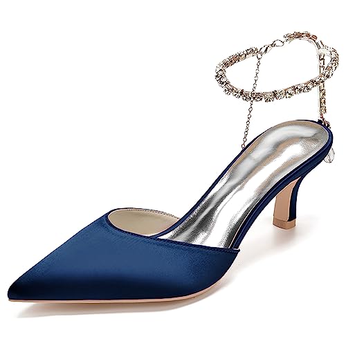 Damen Strass Knöchelriemen Pumps Satin Spitz Zehe Sommer High Heels Rückenfrei Kätzchen Absätze Hochzeitskleid Schuhe,Dark Blue,37 EU von RJYAUEFR