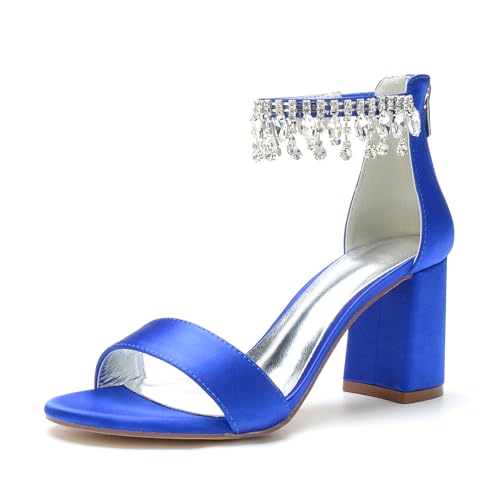 Frauen High Heels Open Toe Dating Kristall Pumps mit Reißverschluss Braut Hochzeit Party Schuhe 3,14 Zoll,Blau,37 EU von RJYAUEFR