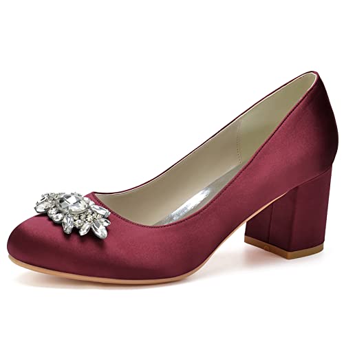 Frauen Hochzeit Schuhe Blockabsatz Pumps mit Runde Zehen und Strass Satin Hochzeit Party Schuhe,Burgundy,43 EU von RJYAUEFR