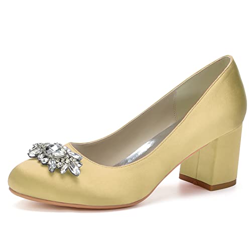 Frauen Hochzeit Schuhe Blockabsatz Pumps mit Runde Zehen und Strass Satin Hochzeit Party Schuhe,Gold,39 EU von RJYAUEFR