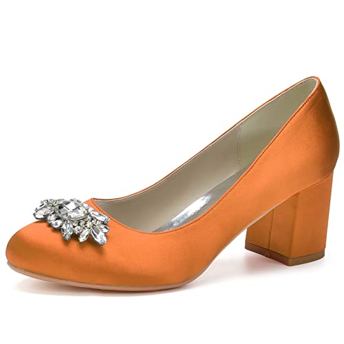 Frauen Hochzeit Schuhe Blockabsatz Pumps mit Runde Zehen und Strass Satin Hochzeit Party Schuhe,Orange,36 EU von RJYAUEFR