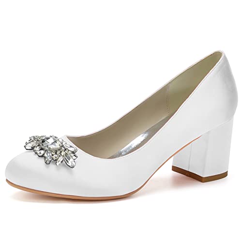 Frauen Hochzeit Schuhe Blockabsatz Pumps mit Runde Zehen und Strass Satin Hochzeit Party Schuhe,Weiß,42 EU von RJYAUEFR