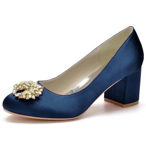 Frauen Runde Zehen Niedriger Blockabsatz Brautschuhe Satin Klobiger Absatz Hochzeitsschuhe Slip On Büro Schuhe,Dark Blue,42 EU von RJYAUEFR