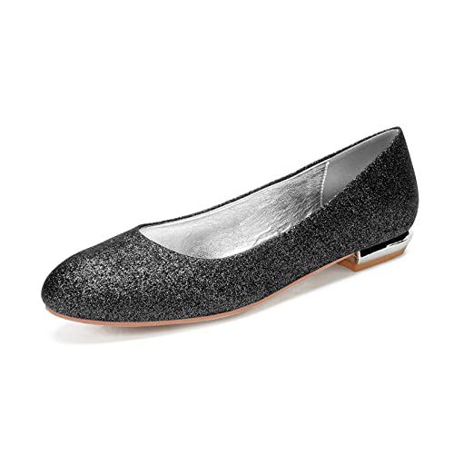 RJYAUEFR Damen Brautschuhe Runder Zeh Glitzer Ballerina Hochzeit Flache Schuhe,Schwarz,43 EU von RJYAUEFR