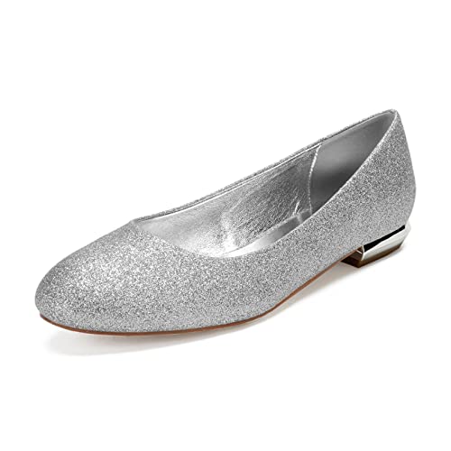 RJYAUEFR Damen Brautschuhe Runder Zeh Glitzer Ballerina Hochzeit Flache Schuhe,Silber,42 EU von RJYAUEFR