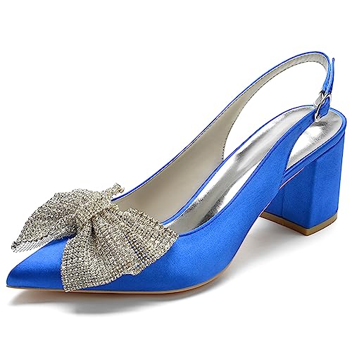 RJYAUEFR Damen Geschlossene Zehen Bogen High Heels Slingback Blockabsatz Pumps Knöchelriemen Kleid Sandalen Mit Absatz,Blau,35 EU von RJYAUEFR