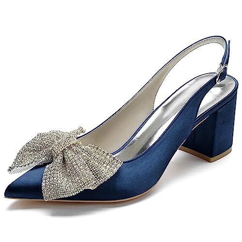 RJYAUEFR Damen Geschlossene Zehen Bogen High Heels Slingback Blockabsatz Pumps Knöchelriemen Kleid Sandalen Mit Absatz,Dark blue,37 EU von RJYAUEFR