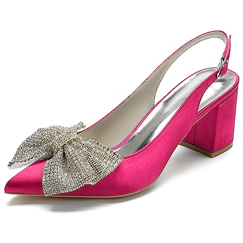 RJYAUEFR Damen Geschlossene Zehen Bogen High Heels Slingback Blockabsatz Pumps Knöchelriemen Kleid Sandalen Mit Absatz,Fuchsia,35 EU von RJYAUEFR