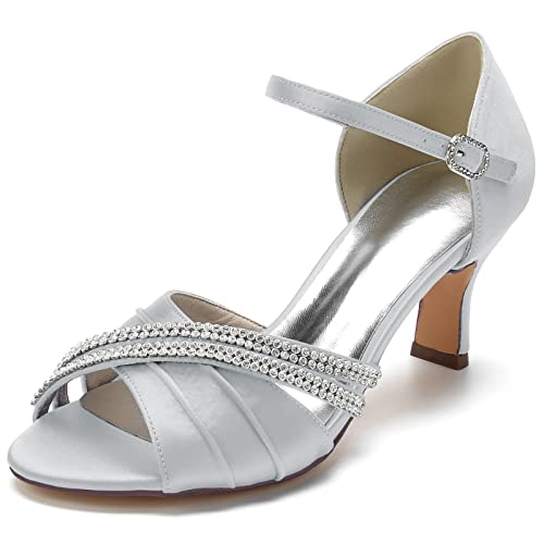RJYAUEFR Damen Hohe Schuhe Hochzeits Sandaletten Mit Kätzchen Absatz Peep Toe Strass Brautschuhe,Silber,38 EU von RJYAUEFR