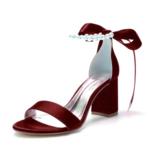 RJYAUEFR Damen Kleid Sandalen Offene Spitze Breite Ferse Braut Hochzeit Schuhe mit Perlen Knöchel Strap,Burgundy,39 EU von RJYAUEFR