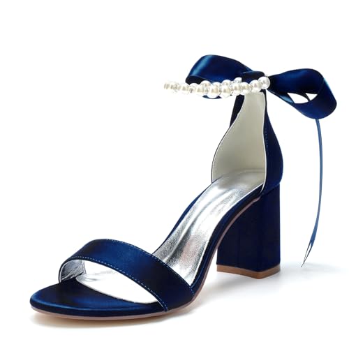 RJYAUEFR Damen Kleid Sandalen Offene Spitze Breite Ferse Braut Hochzeit Schuhe mit Perlen Knöchel Strap,Dark blue,37 EU von RJYAUEFR