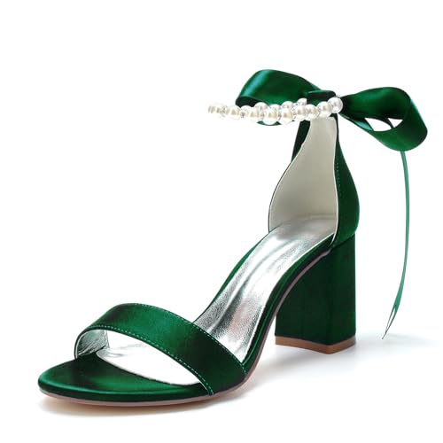 RJYAUEFR Damen Kleid Sandalen Offene Spitze Breite Ferse Braut Hochzeit Schuhe mit Perlen Knöchel Strap,Dark green,36 EU von RJYAUEFR