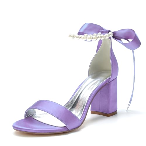 RJYAUEFR Damen Kleid Sandalen Offene Spitze Breite Ferse Braut Hochzeit Schuhe mit Perlen Knöchel Strap,Light purple,43 EU von RJYAUEFR