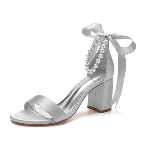 RJYAUEFR Damen Kleid Sandalen Offene Spitze Breite Ferse Braut Hochzeit Schuhe mit Perlen Knöchel Strap,Silber,40 EU von RJYAUEFR