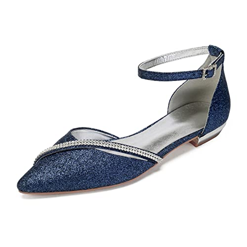 RJYAUEFR Damen Riemchenpumps Mit Flache Niedrige Absatz Geschlossener Spitze Zehen Glitzer Ballerinas Für Hochzeiten Und Partys,Dark Blue,36 EU von RJYAUEFR