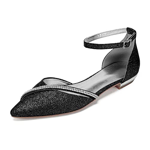 RJYAUEFR Damen Riemchenpumps Mit Flache Niedrige Absatz Geschlossener Spitze Zehen Glitzer Ballerinas Für Hochzeiten Und Partys,Schwarz,38 EU von RJYAUEFR