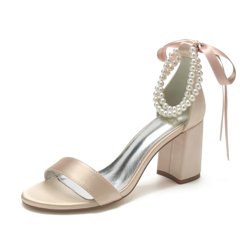 RJYAUEFR Damen Sandalen Mit Absatz Perle Riemchenpumps Sommer Elegant Blockabsatz Schuhe,Champagne,40 EU von RJYAUEFR