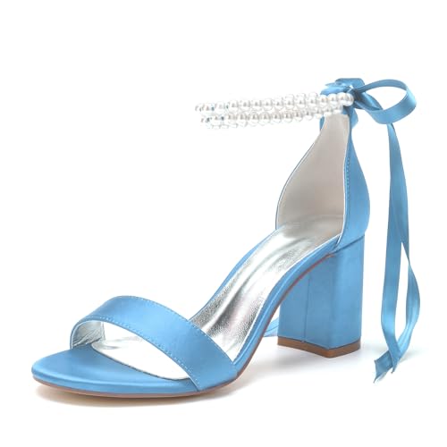 RJYAUEFR Damen Sandalen Mit Absatz Perle Riemchenpumps Sommer Elegant Blockabsatz Schuhe,Sky blue,40 EU von RJYAUEFR