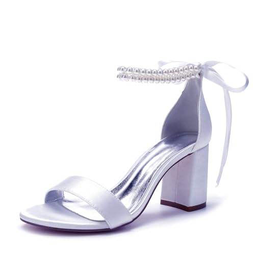 RJYAUEFR Damen Sandalen Mit Absatz Perle Riemchenpumps Sommer Elegant Blockabsatz Schuhe,Weiß,41 EU von RJYAUEFR