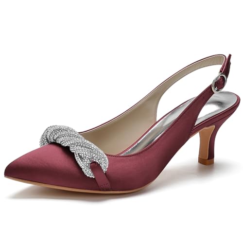 Damen Slingback Sandalen Kätzchen Absatz Geschlossene Zehen Hochzeit Braut Pumps Schuhe Mit Strass,Burgundy,37 EU von RJYAUEFR