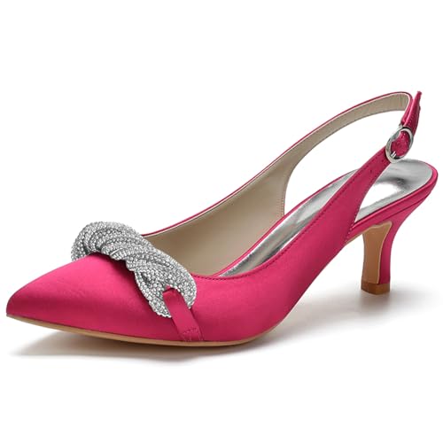 Damen Slingback Sandalen Kätzchen Absatz Geschlossene Zehen Hochzeit Braut Pumps Schuhe Mit Strass,Fuchsia,36 EU von RJYAUEFR