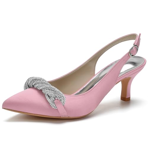 Damen Slingback Sandalen Kätzchen Absatz Geschlossene Zehen Hochzeit Braut Pumps Schuhe Mit Strass,Rosa,40 EU von RJYAUEFR