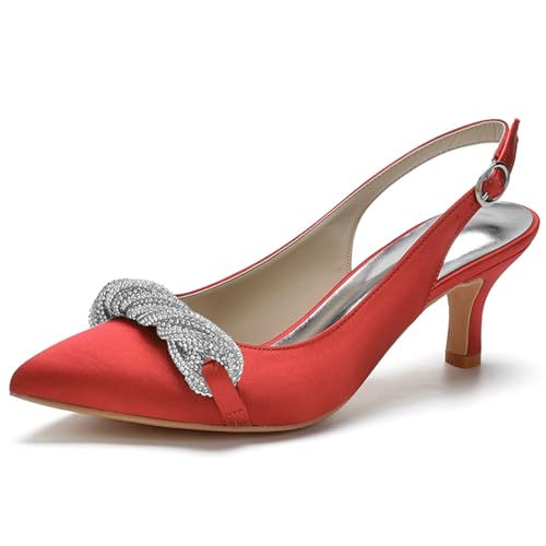 Damen Slingback Sandalen Kätzchen Absatz Geschlossene Zehen Hochzeit Braut Pumps Schuhe Mit Strass,Rot,35 EU von RJYAUEFR