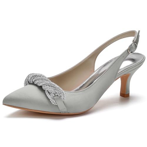 Damen Slingback Sandalen Kätzchen Absatz Geschlossene Zehen Hochzeit Braut Pumps Schuhe Mit Strass,Silber,37 EU von RJYAUEFR