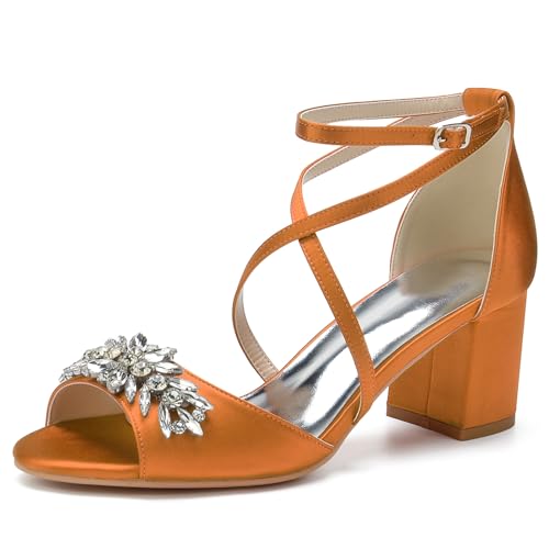 RJYAUEFR Damen Sommer Sandaletten Mit Blockabsatz Niedrige absatz Braut Pumps Offene Zehen Strass Kreuzriemchen Hochzeitsschuhe,Orange,38 EU von RJYAUEFR