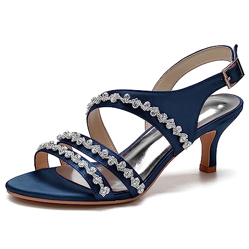 Damen Strass Hochzeit Sandalen Offene Zehen Kätzchen Absatz Brautschuhe Slingback Sommer Abendschuhe,Dark Blue,38 EU von RJYAUEFR