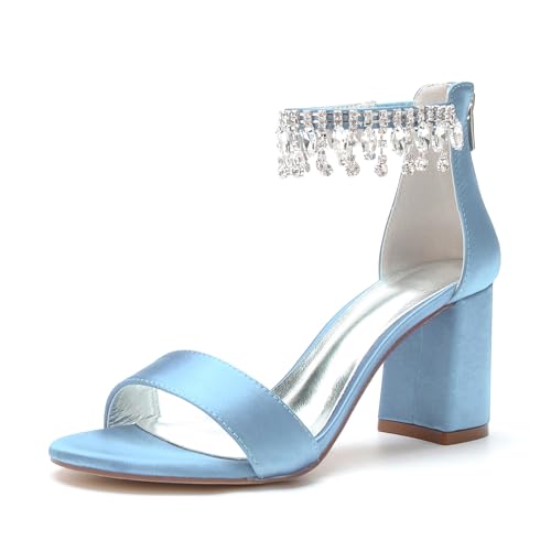 Frauen High Heels Open Toe Dating Kristall Pumps mit Reißverschluss Braut Hochzeit Party Schuhe 3,14 Zoll,Sky Blue,39 EU von RJYAUEFR