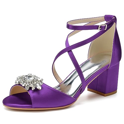 RJYAUEFR Sandalen Damen mit Absatz Offene Zehen Sommerschuhe Blockabsatz Kreuzriemchen Hochzeits Pumps,Dark purple,35 EU von RJYAUEFR