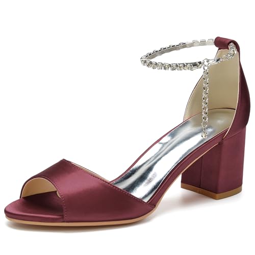 RJYAUEFR Sandalen mit Absatz Damen Niedrige absatz Riemchenpumps Offene Zehen Sommerschuhe,Burgundy,41 EU von RJYAUEFR