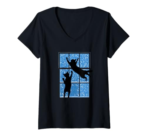 Damen Katzenspringen für fallende Schneeflocken außerhalb des Fensters T-Shirt mit V-Ausschnitt Damen Katzenspringen für fallende Schneeflocken außerhalb des Fensters T-Shirt mit V-Ausschnitt von RKG TEES