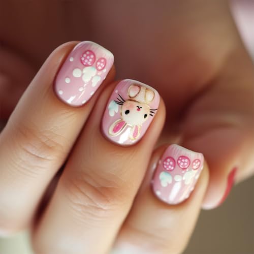 Künstliche Nägel im französischen Stil mit Kaninchen-Designs, kurz, quadratisch, zum Aufdrücken, Maniküre, für Damen, 24 Stück von RKJRTK