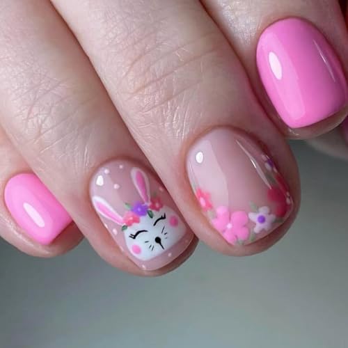 Oster-Nägel zum Aufdrücken, kurze, quadratische Designs mit Hasen und mehrfarbigen Blumendetails, Dekoration für Frauen, 24 Stück von RKJRTK