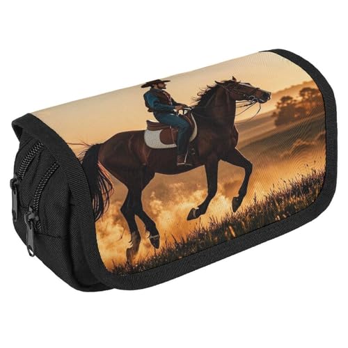 Federmäppchen Cowboys Reitpferde Federmäppchen Große Kapazität Stiftebox Doppelreißverschluss Aufbewahrungstasche 2 Fächer Tragbare Multifunktionstasche Schreibtisch Organizer Stifteetui, Stil:, von RKJVB