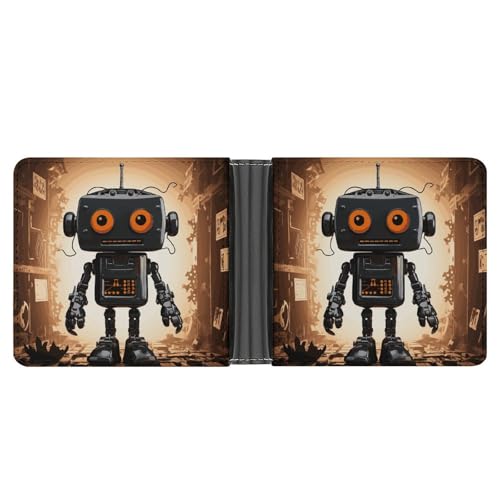 Klassische Slimfold Geldbörse für Frauen Schwarz Robot Bifold Kreditkartenetui Brieftasche für Herren Leder Geldbörse mit ID-Fenster und mehreren Kartenfächern Mini-Geldbörse, schwarzer Roboter, 4,6 × von RKJVB
