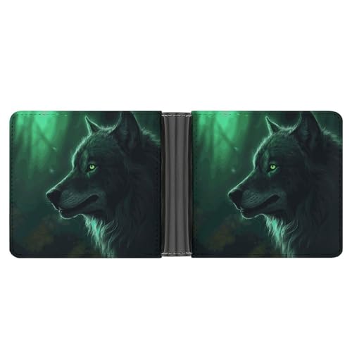 RKJVB Classic Slimfold Wallet for Women Green Wolf Bifold Credit Card Holder Wallet for Men Leather Wallet with ID Window And Multiple Card Slots Mini Wallet, Green Wolf, 4.6 × 3.7 × 2.5 cm, Classic, von RKJVB