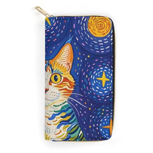 RKJVB Damen-Geldbörse, mehrere Taschen, lange Geldbörse, Katze, die auf Sterne schaut, Ledergeldbörse für Damen, ultradünn, mit Reißverschlussfach für Shopping, Arbeit, Stil, 19,7 x 10,5 cm, Stil:, von RKJVB