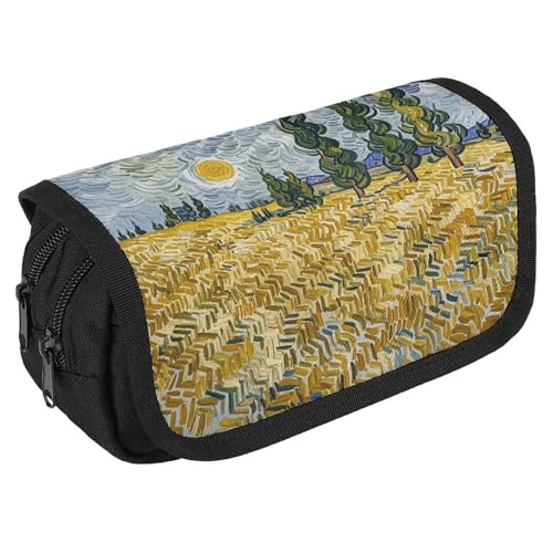 RKJVB Federmäppchen, Weizenfelder und Zypressen, großes Fassungsvermögen, Stiftebox, Doppel-Reißverschluss, Aufbewahrungstasche, 2 Fächer, tragbare multifunktionale Tasche, Schreibtisch-Organizer, von RKJVB