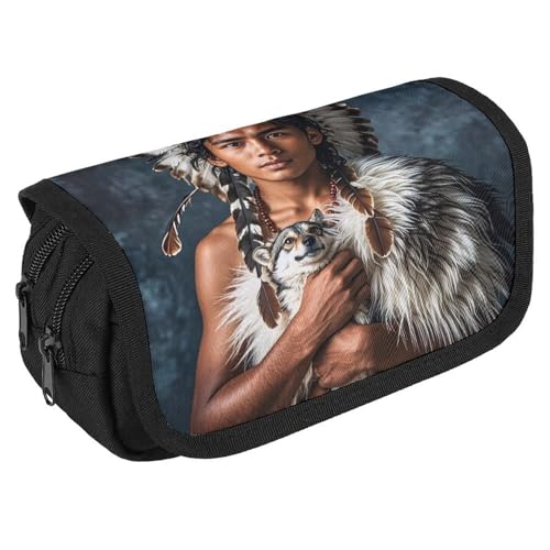 RKJVB Federmäppchen, indigene Menschen und Wölfe, großes Fassungsvermögen, Stiftebox, Doppel-Reißverschluss, Aufbewahrungstasche, 2 Fächer, tragbare multifunktionale Tasche, Schreibtisch-Organizer, von RKJVB