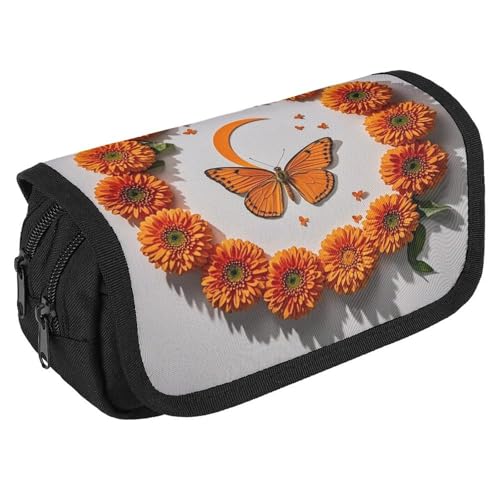 RKJVB Federmäppchen Orange Schmetterling Mond Federmäppchen Große Kapazität Stiftebox Doppelreißverschluss Aufbewahrungstasche 2 Fächer Tragbare Multifunktionstasche Schreibtisch Organizer Stifteetui, von RKJVB