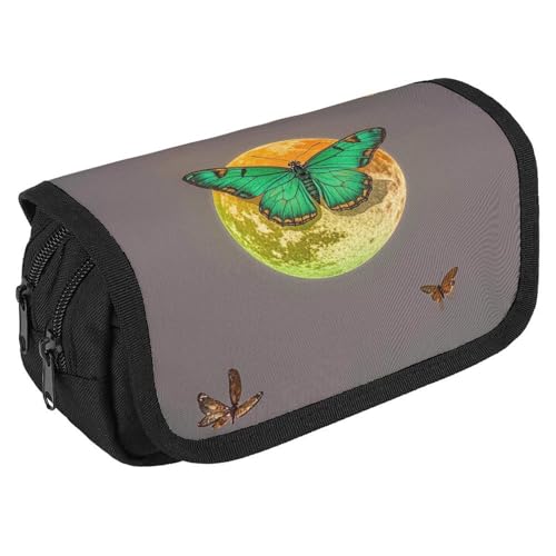 RKJVB Federmäppchen Sonne und Mond Grün Motte Federmäppchen Große Kapazität Stiftebox Doppelreißverschluss Aufbewahrungstasche 2 Fächer Tragbare Multifunktionstasche Schreibtisch Organizer Stifteetui, von RKJVB