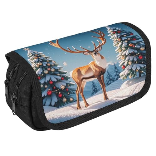 RKJVB Federmäppchen mit weihnachtlichem Hirsch, Schneebaum, großes Fassungsvermögen, Stiftebox, Doppel-Reißverschluss, Aufbewahrungstasche, 2 Fächer, tragbar, multifunktional, Schreibtisch-Organizer, von RKJVB