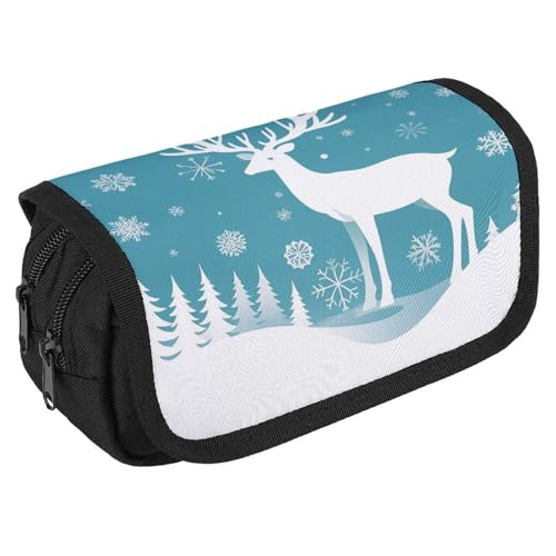 RKJVB Federmäppchen mit weihnachtlichem Hirsch und Schneeflocken, großes Fassungsvermögen, Stiftebox, Doppel-Reißverschluss, Aufbewahrungstasche, 2 Fächer, tragbar, multifunktional, von RKJVB