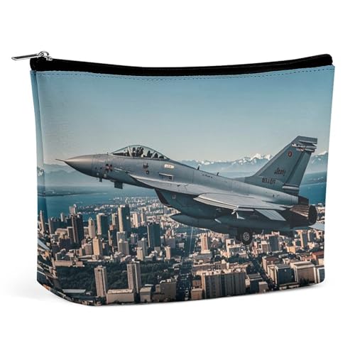 RKJVB Fighter Jets Fly over Cities Make-up-Tasche für Damen, tragbare Kosmetiktasche, wasserdicht, Kulturbeutel, Aufbewahrungstasche, große Make-up-Tasche, ästhetische Hand-Make-up-Tasche für Reisen, von RKJVB