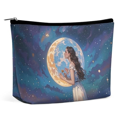 RKJVB Friendship Under The Giant Moon Make-up-Tasche für Damen, tragbare Kosmetiktasche, wasserdicht, Kulturbeutel, Aufbewahrungstasche, große Make-up-Tasche, ästhetische Hand-Make-up-Tasche für von RKJVB