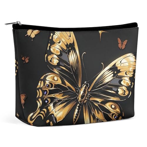 RKJVB Goldener Schmetterling Make-up-Tasche für Damen, tragbare Kosmetiktasche, wasserdicht, Kulturbeutel, Aufbewahrungstasche, große Make-up-Tasche, ästhetische Hand-Make-up-Tasche für Reisen, von RKJVB