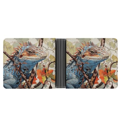 RKJVB Klassische Slimfold Geldbörse für Damen, Eidechse auf dem Ast, Bifold Kreditkartenetui für Herren, Ledergeldbörse mit Ausweisfenster und mehreren Kartenfächern, Mini-Geldbörse, Eidechse auf dem von RKJVB